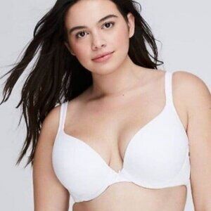 Cacique Lane Bryant 46DD Plunge Bra Cotton Boost White Lightly Lined Plus Size